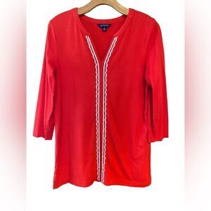 Lands’ End Sz 6/8 Red White Embroidered V-Neck 3/4 Sleeves Cotton Tunic
